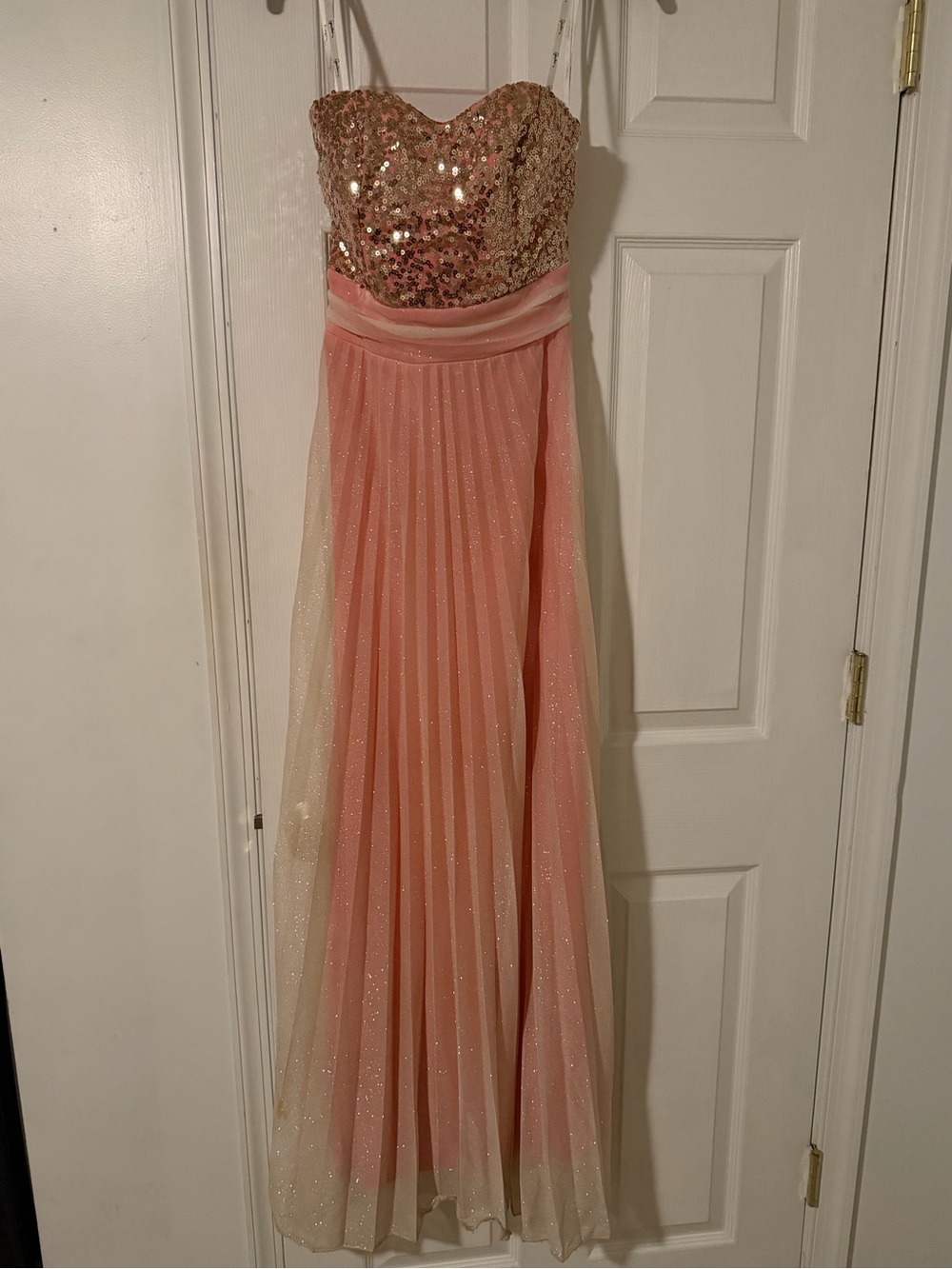 Speechless Strapless Sequin Bodice Pink and Gold Prom Gown